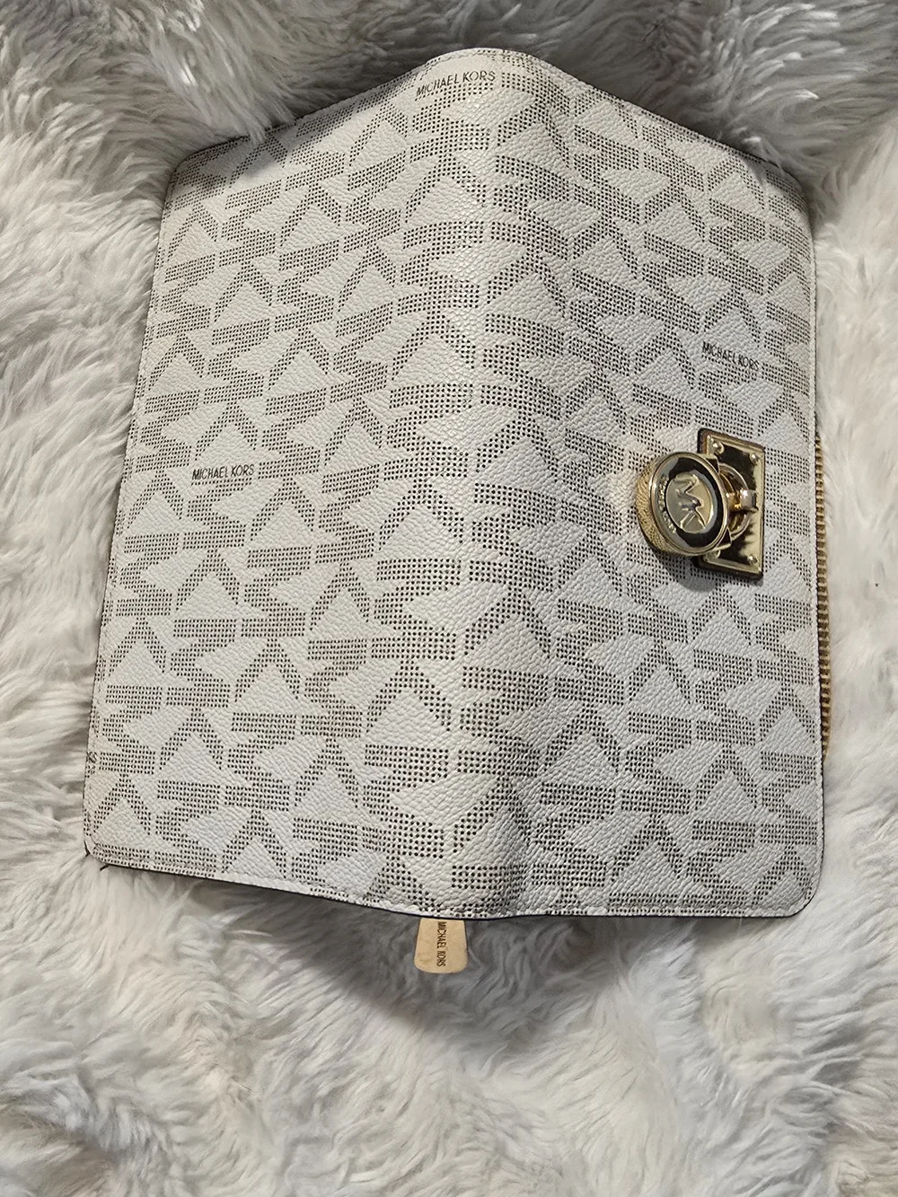 Michael Kors White Logo-Print Leather Clutch / Wallet with Gold Hardware